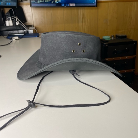 Western Aussie Style Crazy Horse Leather Cowboy Hat Charcoal - Picture 4 of 7